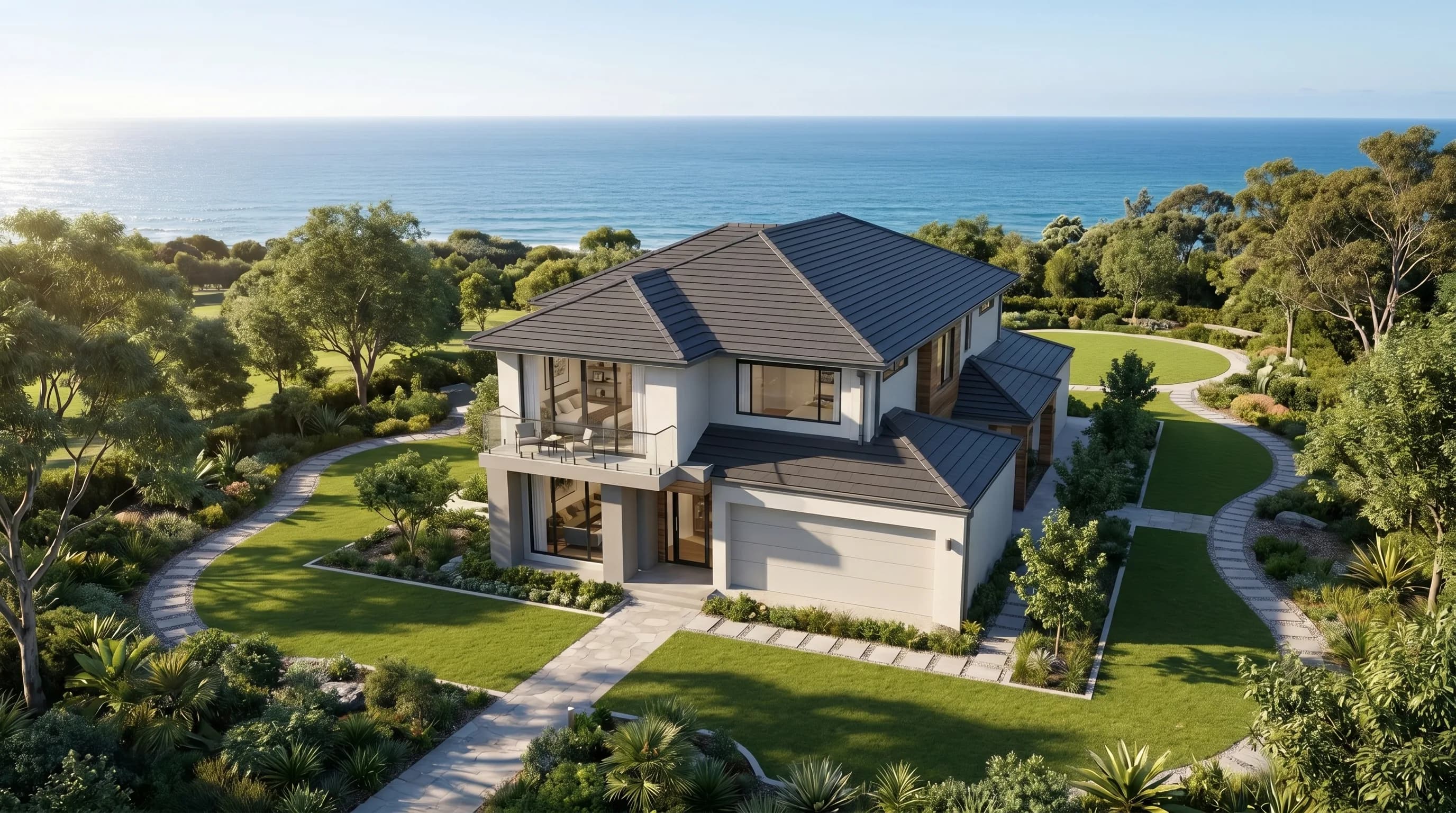 AI architectural visualisation of a coastal home rendered from an aerial view