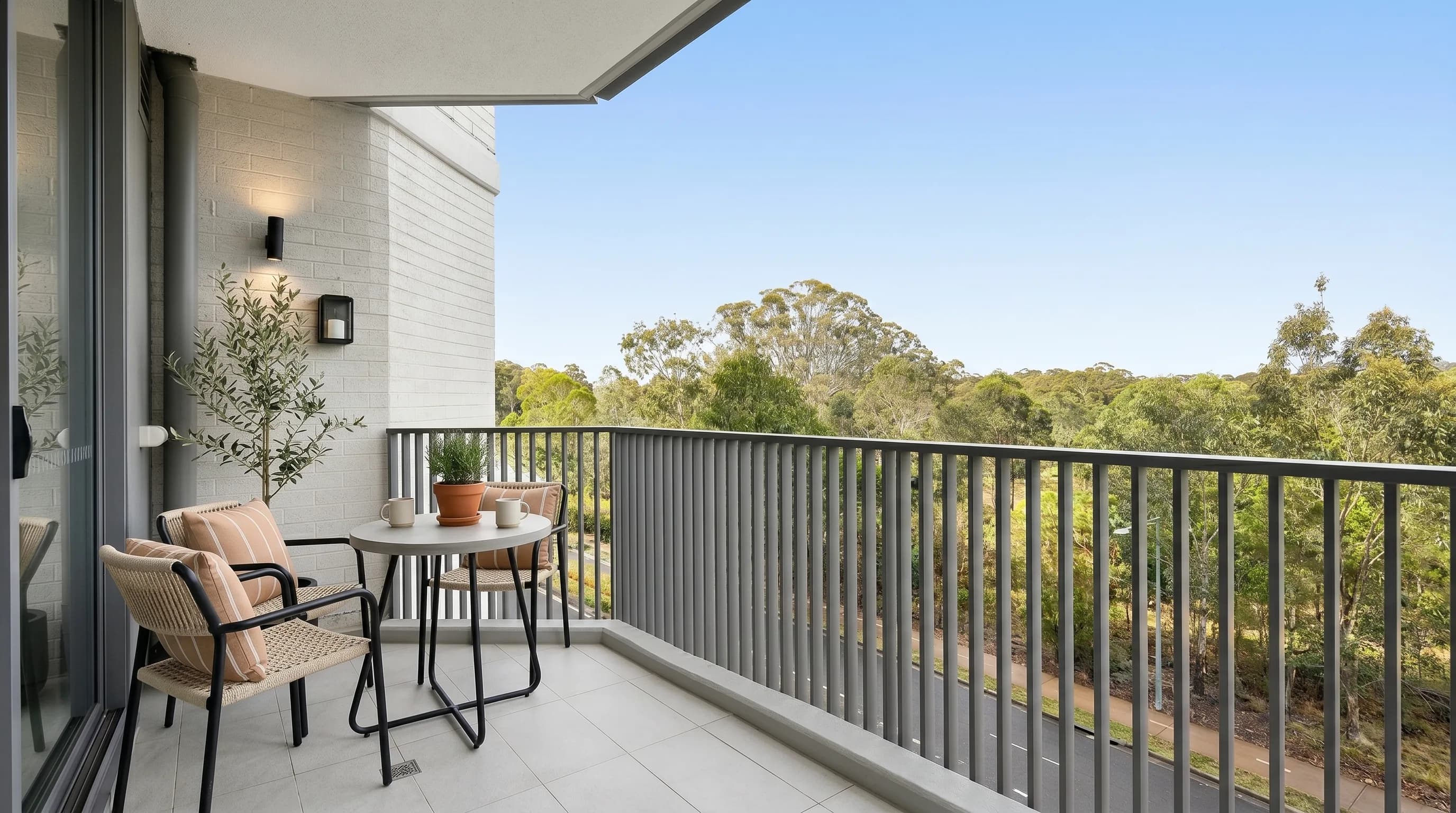 Apartment balcony with a bushland view, the exterior context drone vs AI exterior shots both try to show