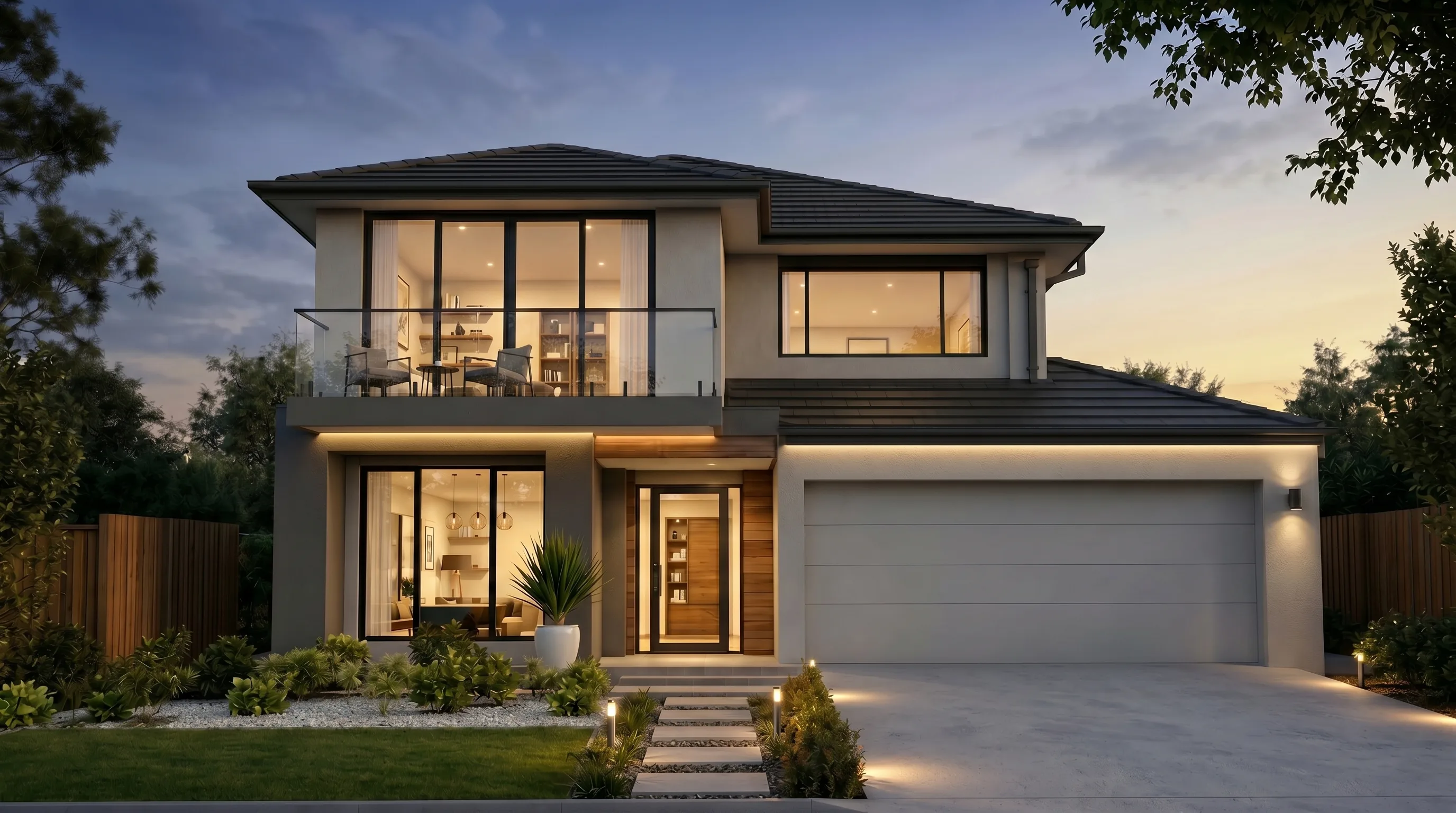 Exterior vs interior visualisation cover — dusk facade of a modern home with lit interiors