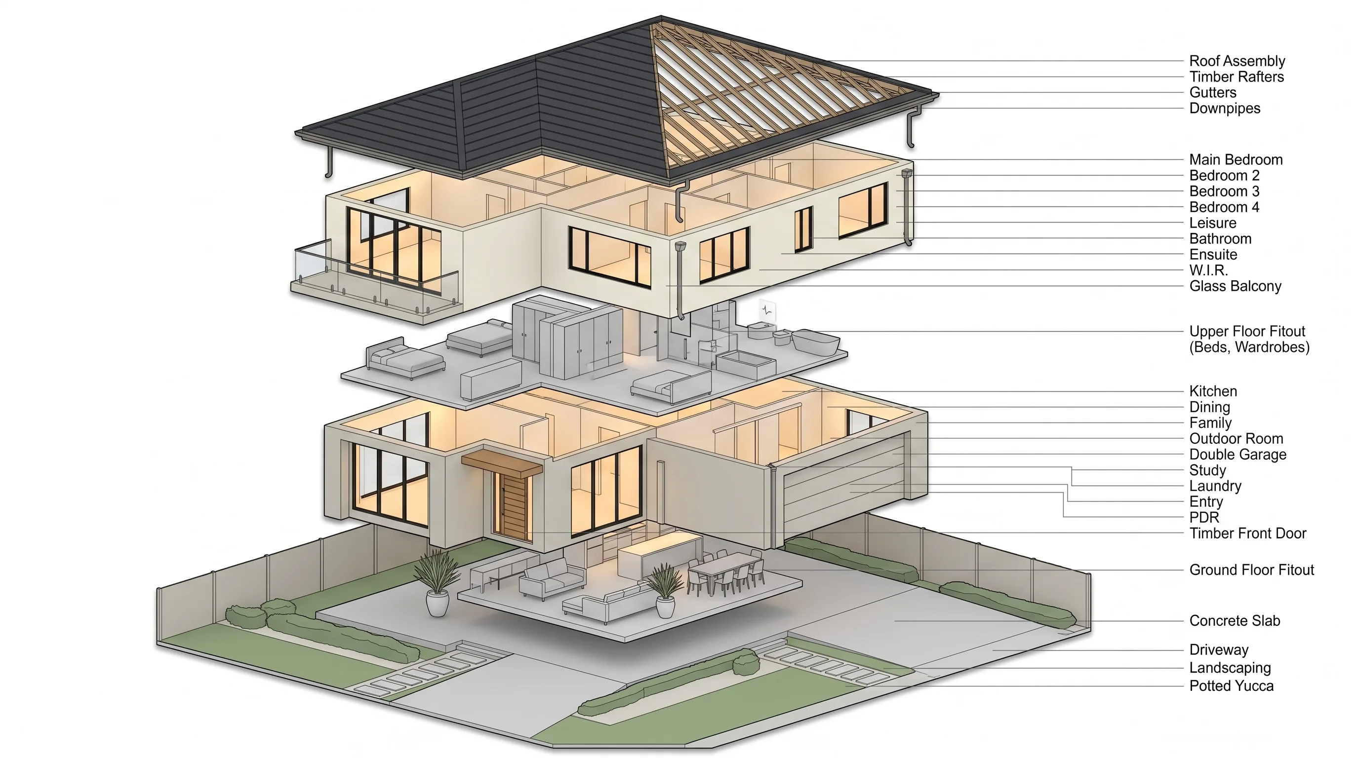 3d render vs ai render: an annotated 3D cutaway model of a two-storey house, the hand-modelled side of the comparison
