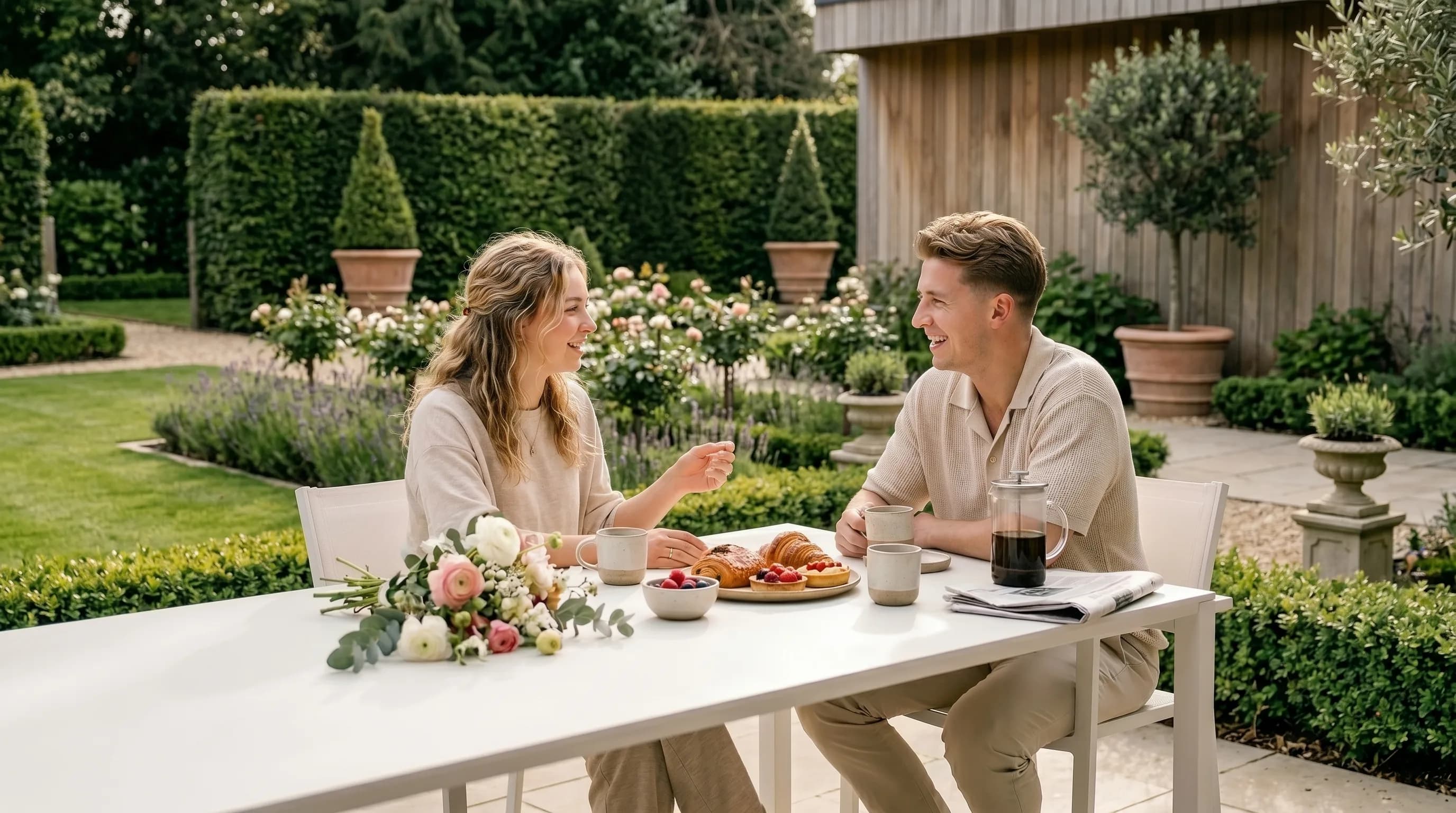 Ai property video pricing: a couple at a garden table in a lifestyle scene from a concept property film