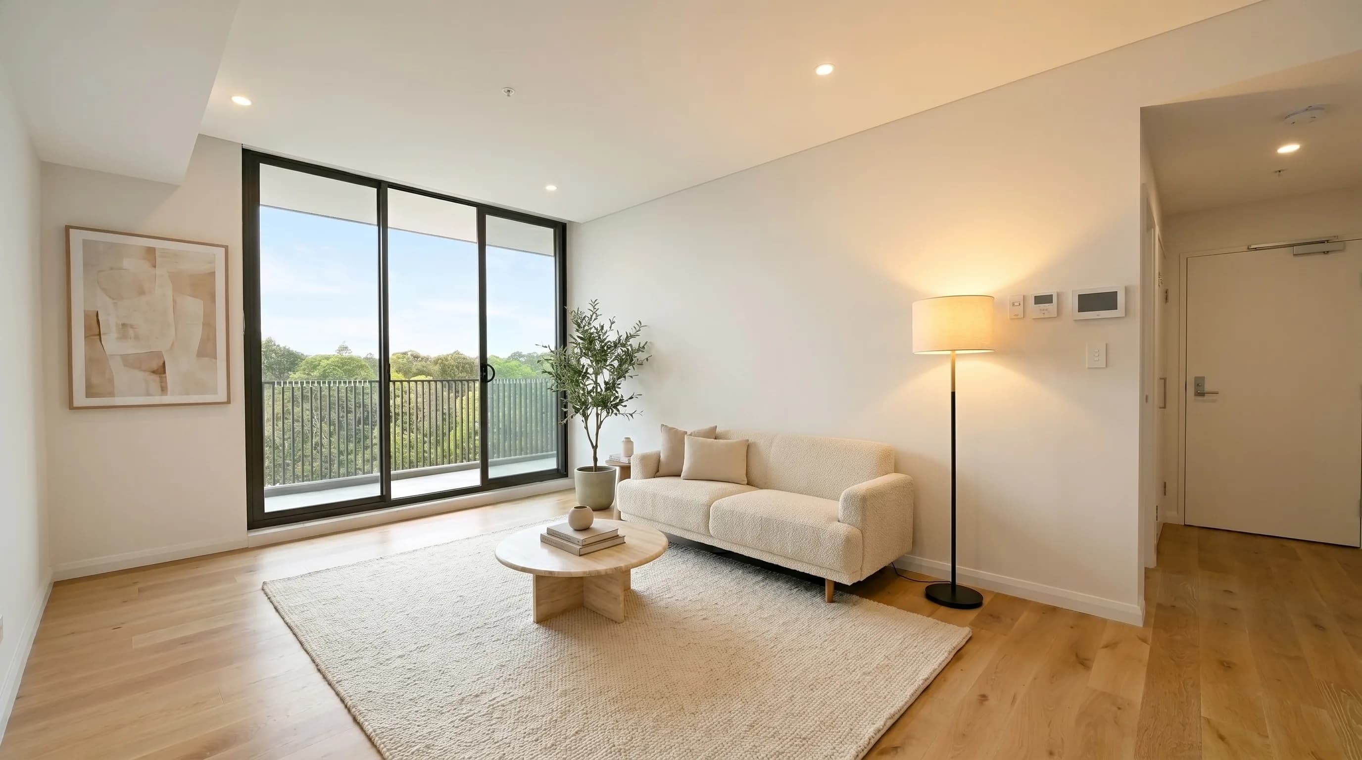 AI virtual staging of an empty Sydney apartment living room, furnished with a sofa, rug and coffee table.