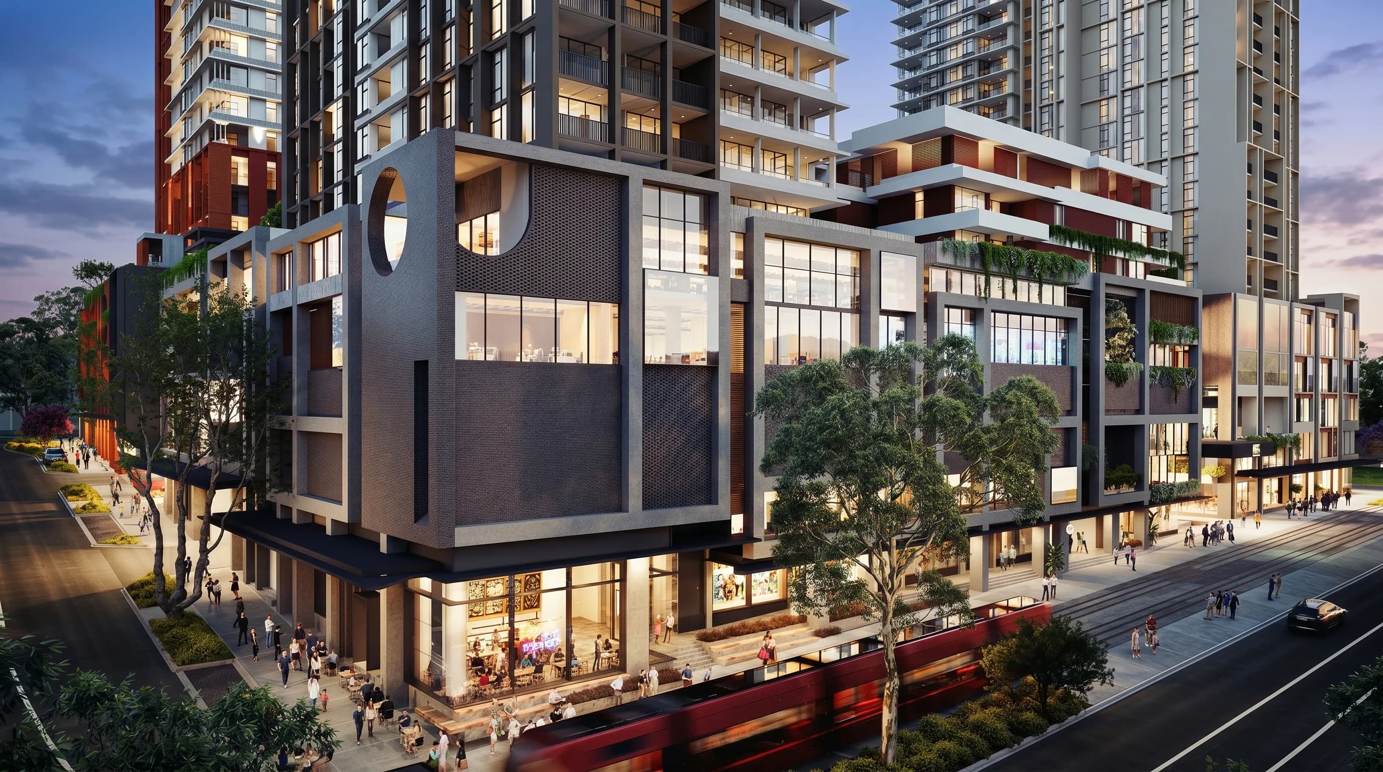 Off the plan development video frame: street-level exterior of an unbuilt mixed-use apartment building at dusk