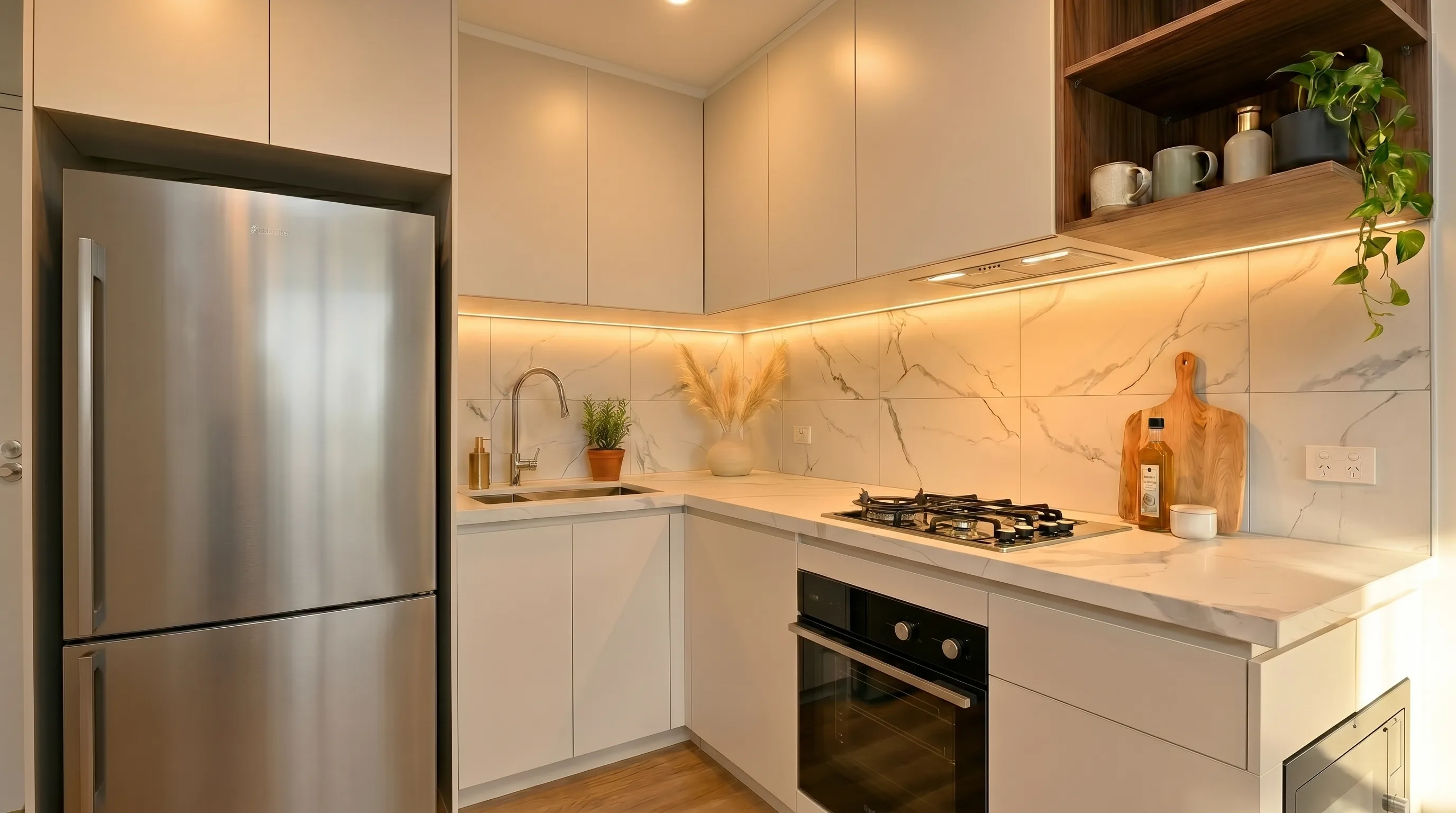 Property video company comparison: a clean white kitchen still from a concept property video
