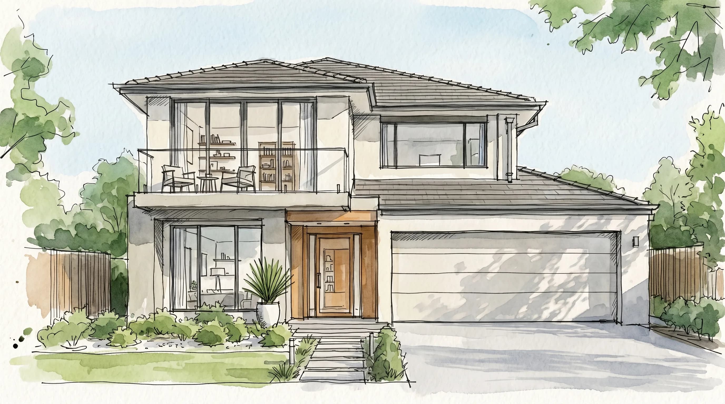 How ai architectural visualisation works: a watercolour sketch of a two-storey home before it becomes a photoreal render