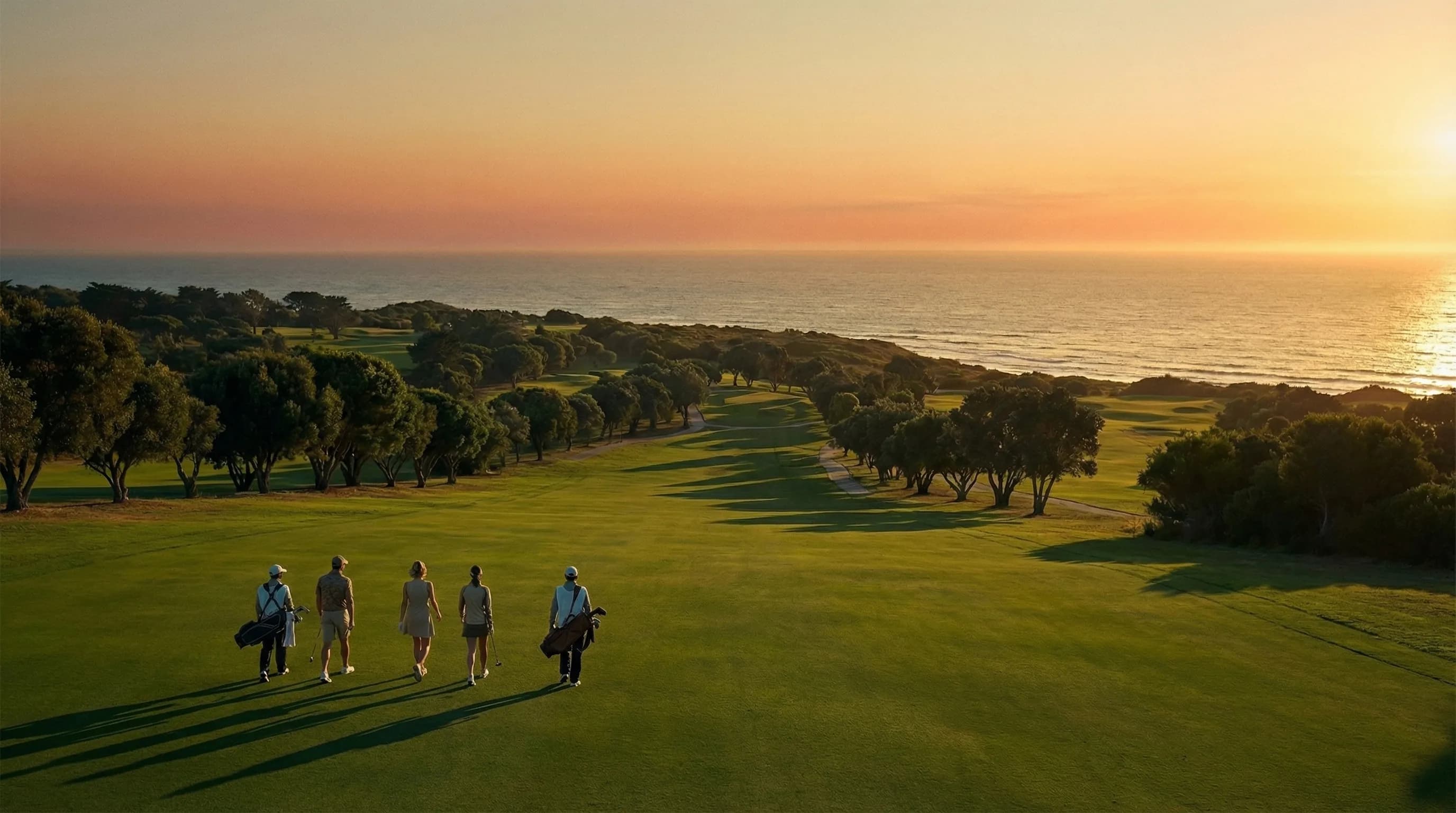 Lifestyle property film still: golfers walking a coastal fairway at golden sunset