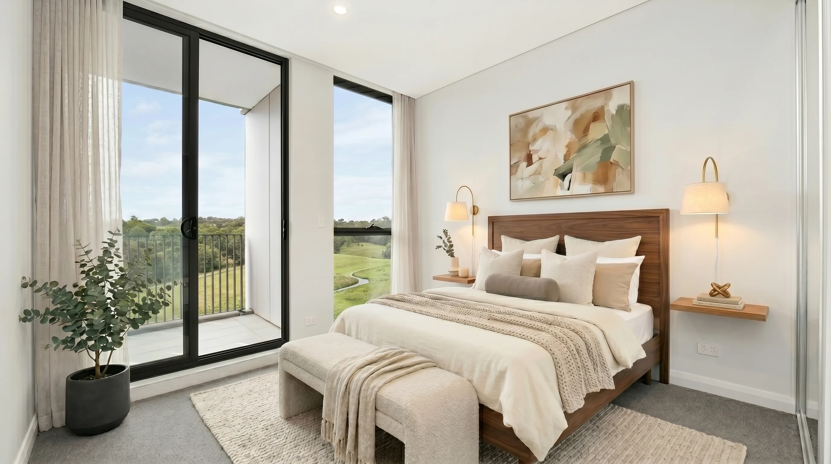 Rooms to virtually stage: a bright staged bedroom with bed, side table and garden view