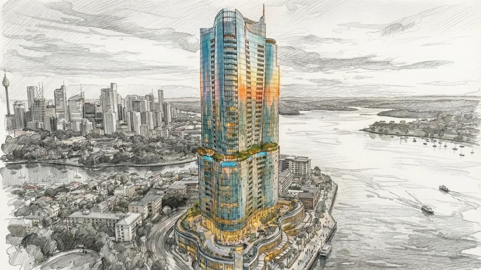 Market off the plan apartments: concept sketch of a Sydney harbour tower coming to life as a finished render