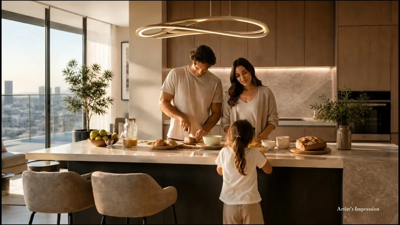 Prepare for property video: a family in an apartment kitchen from an off-the-plan concept film