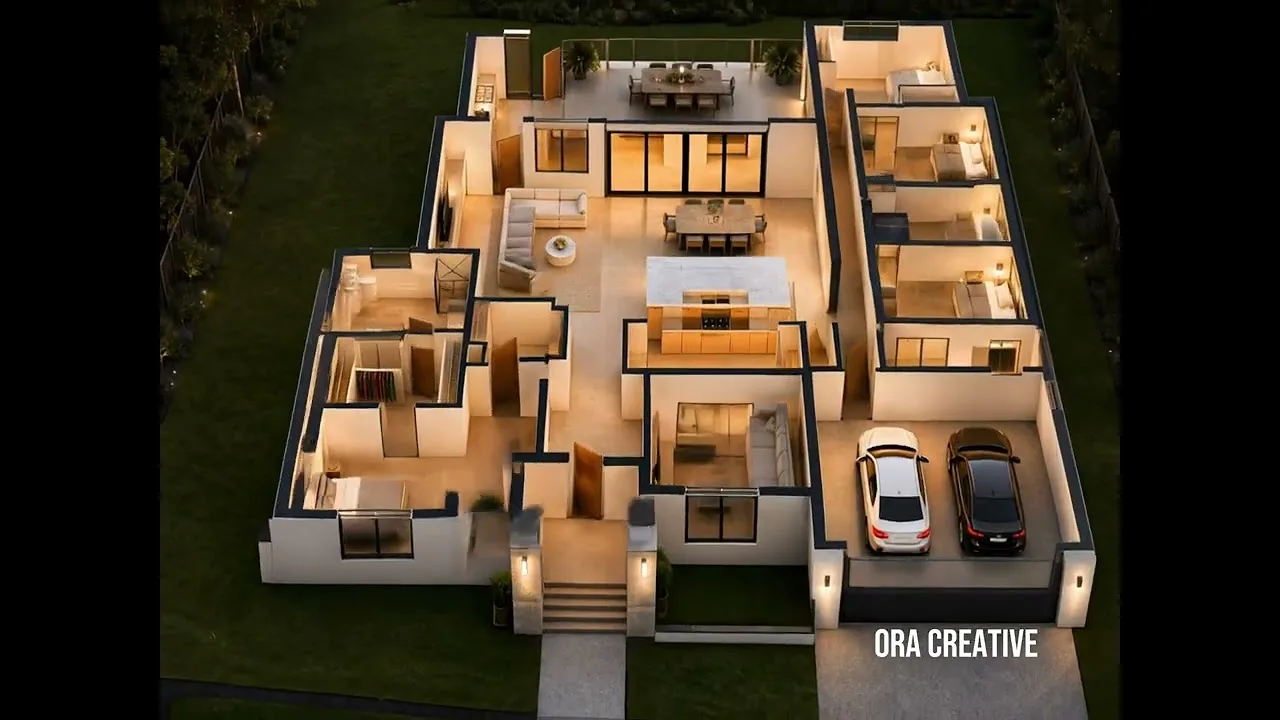 Animated floor plan video still: an aerial cutaway render of an apartment floor plan with furnished rooms