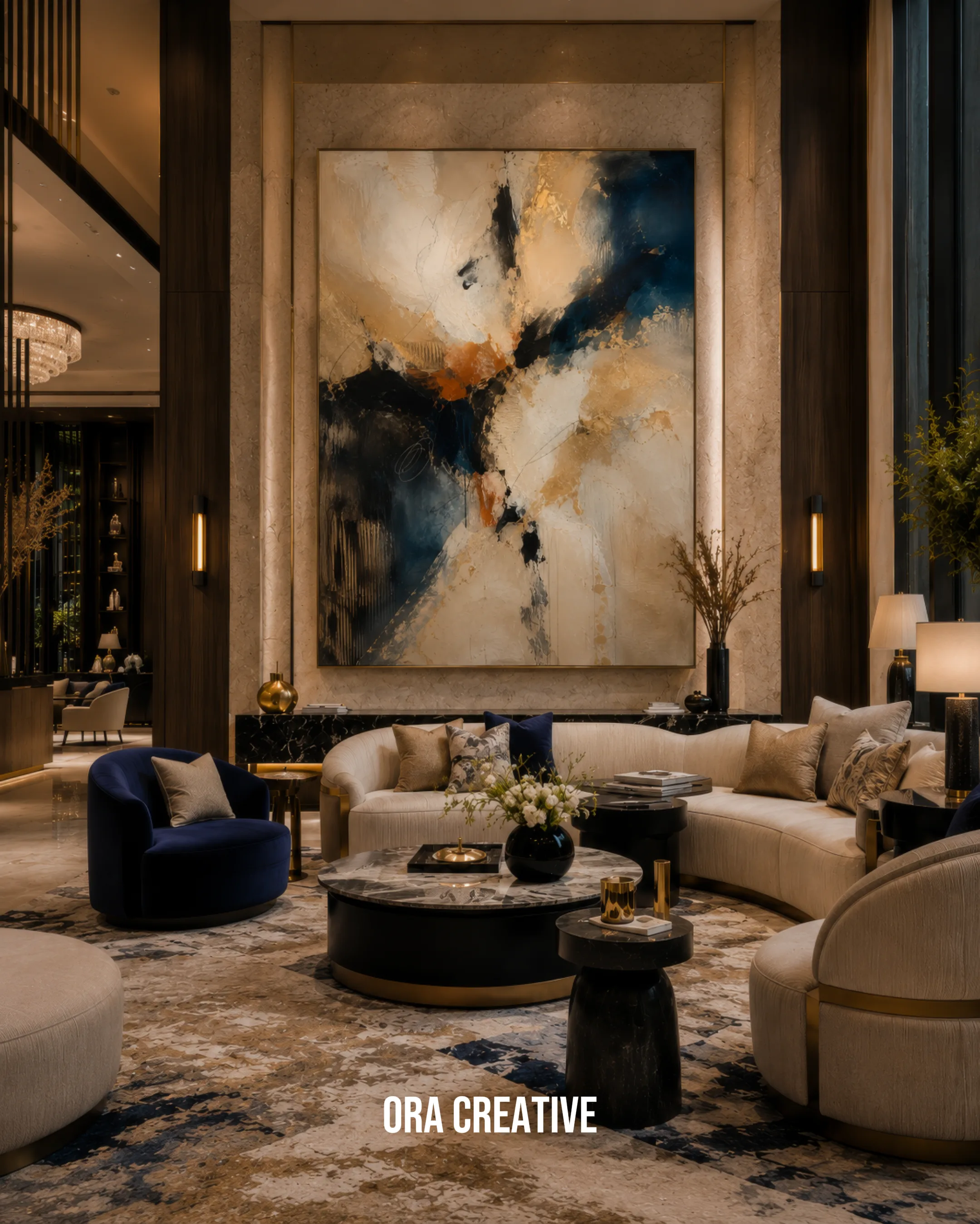 An evening interior render used in an off the plan video brief for a luxury apartment living room