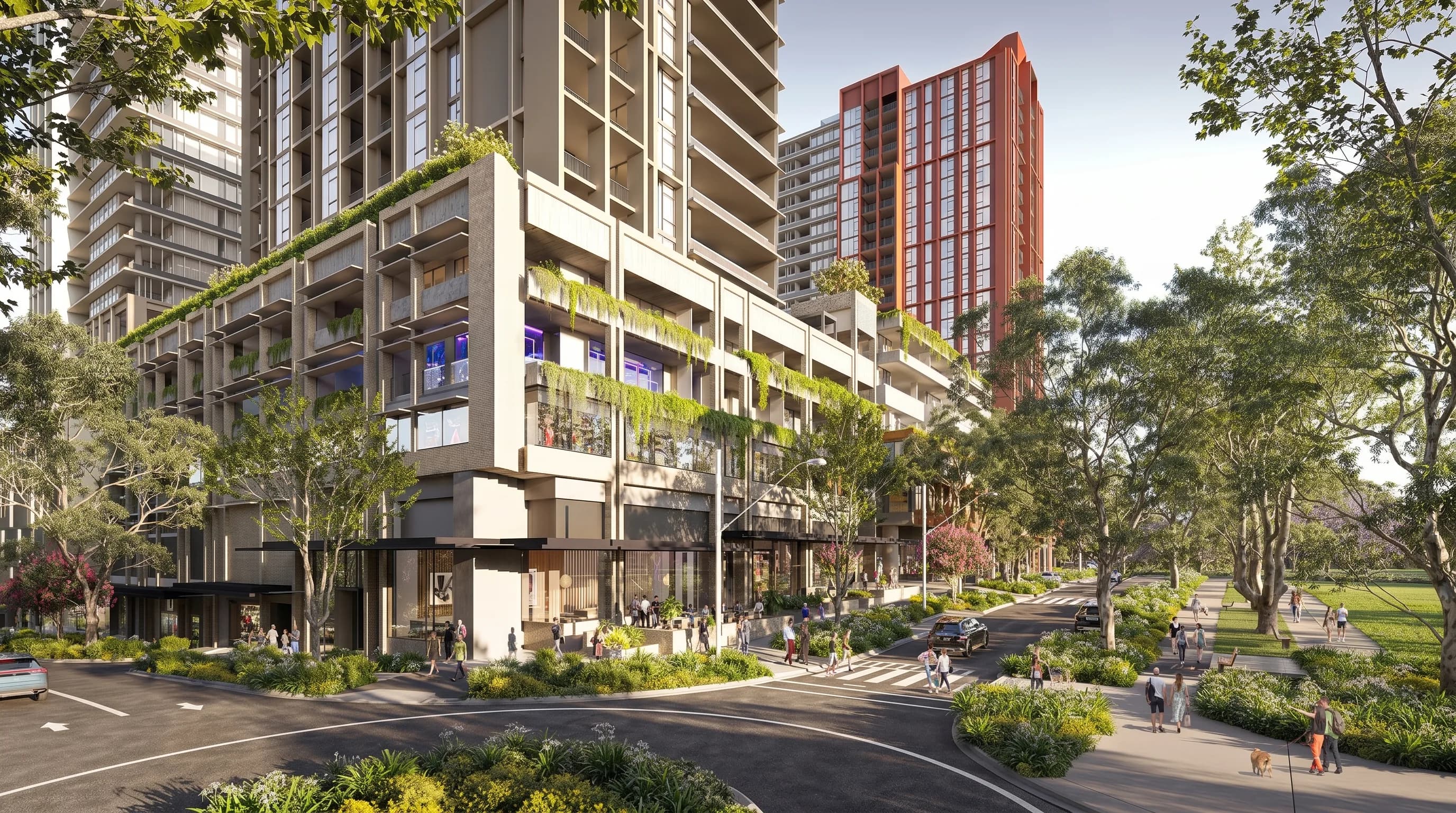 Off the plan vs completed listing video: a dusk render of a Sydney residential tower on a tree-lined boulevard