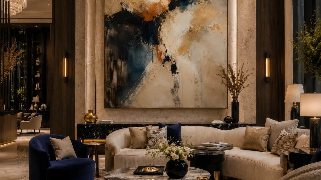 Property video cost: a styled living room with navy armchair and abstract art from a concept property film