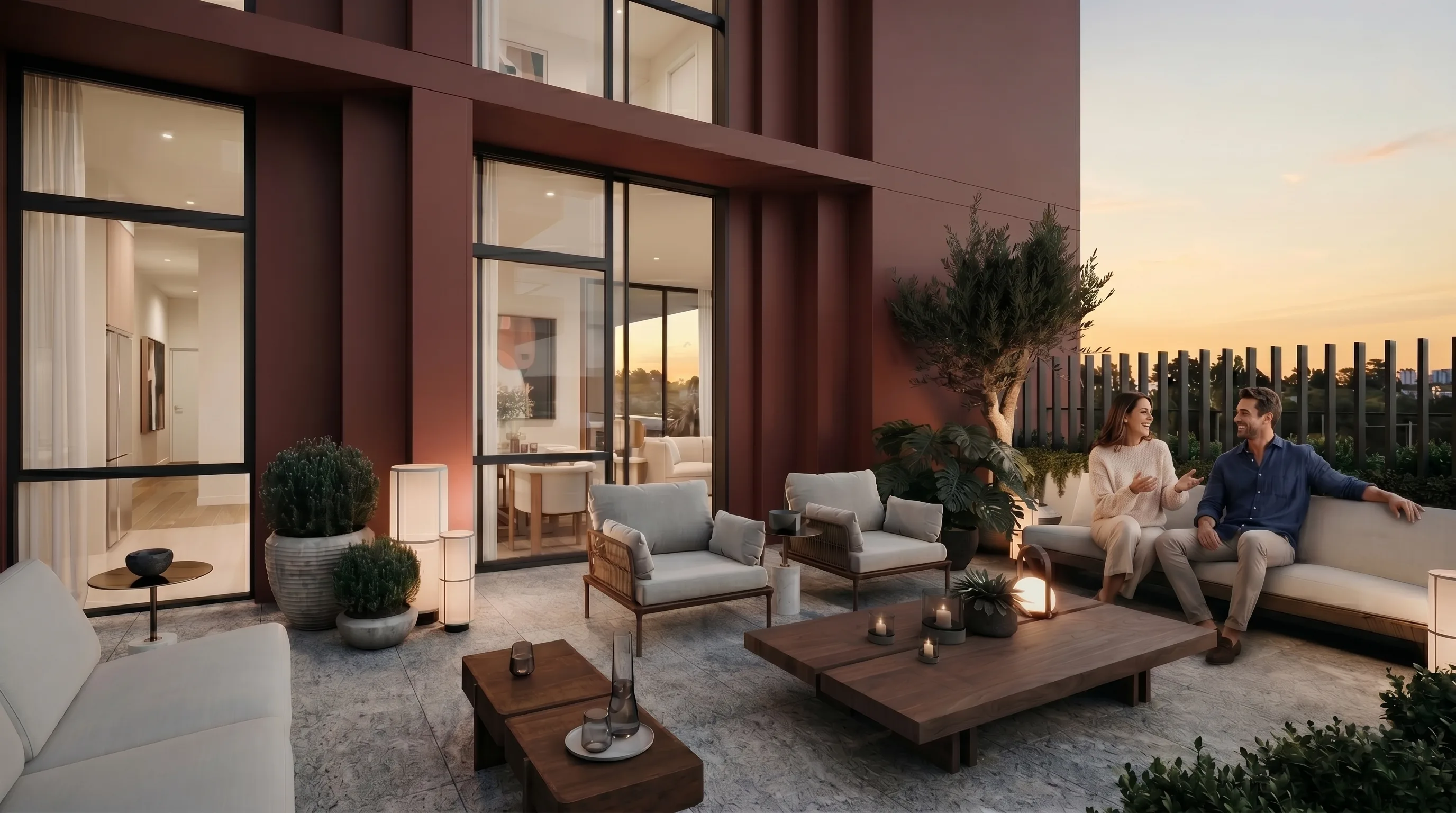 Property video for social media: a couple on a furnished apartment terrace at golden hour