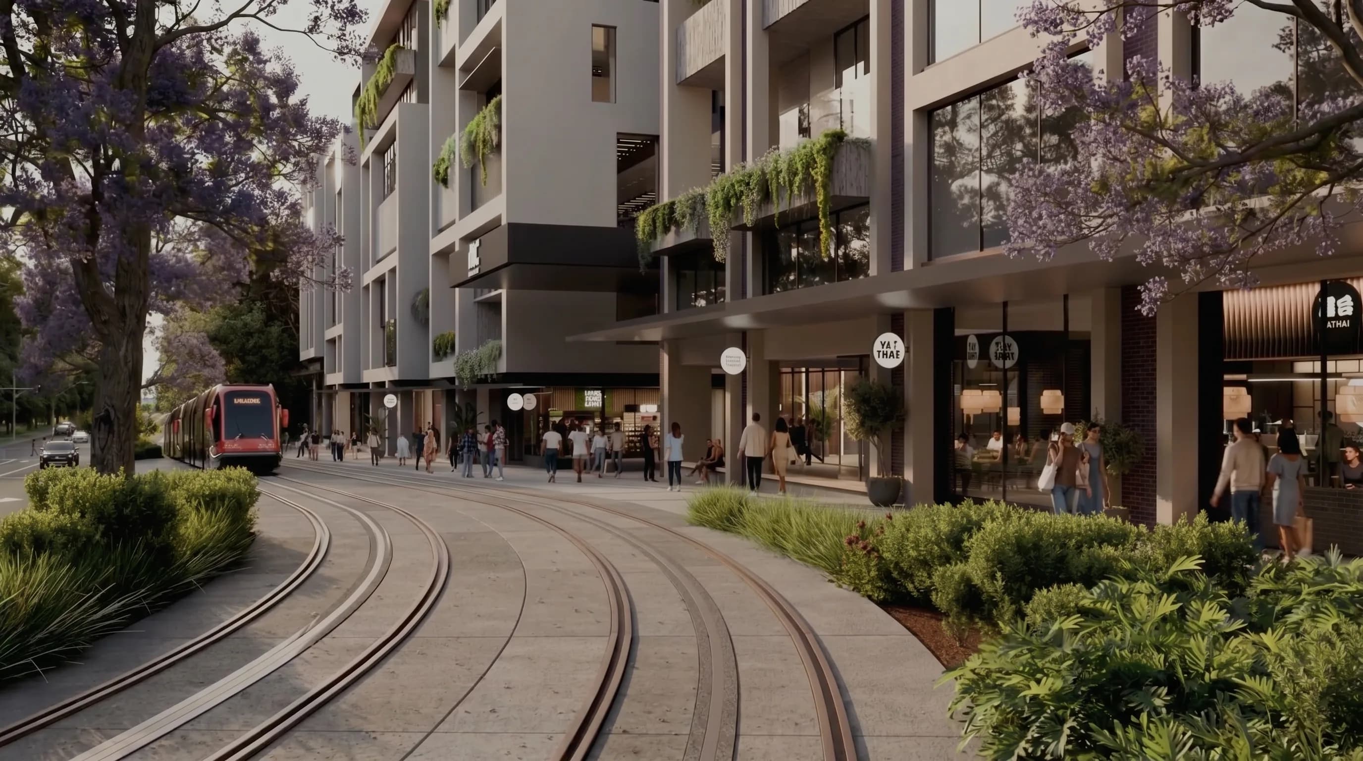 Listing video length: a street-level scene of a mixed-use development with a light rail line