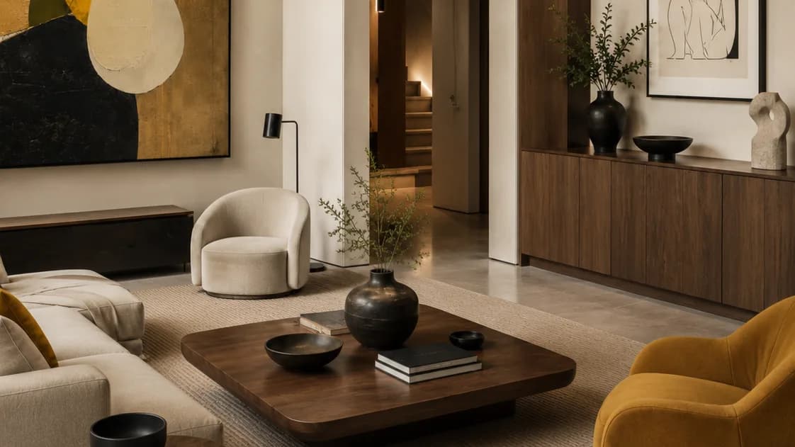 Video virtual staging frame: an empty living room staged with a navy sofa, artwork and lamp