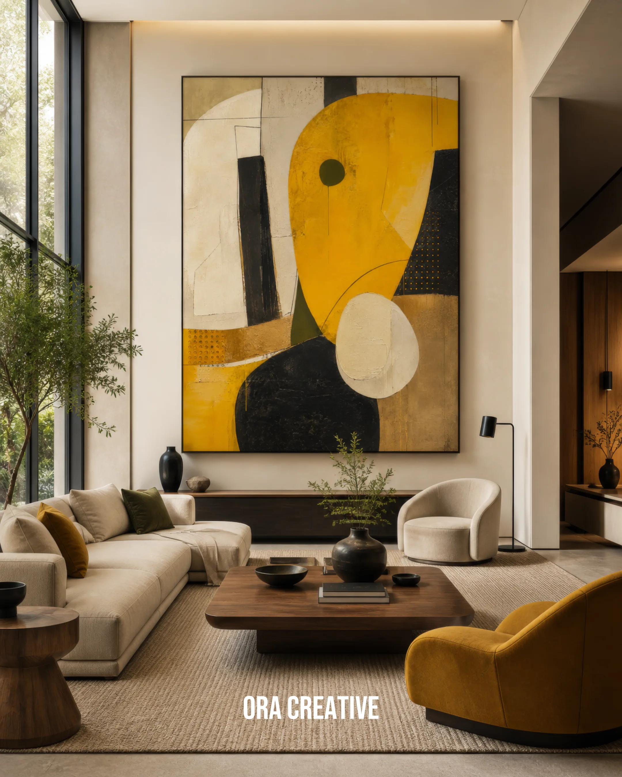 Virtual staging of a modern living room with a curved sofa and large artwork