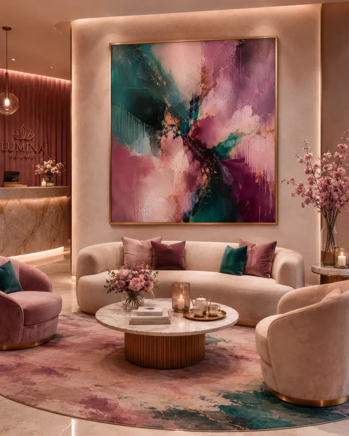 Property visualisation turnaround: a pink lounge scene visualised from brief to finished still